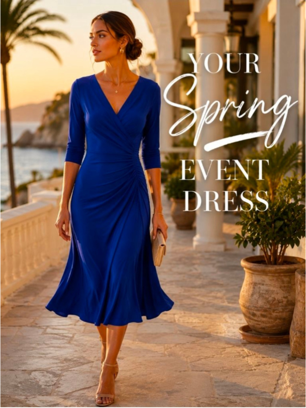 Rekucci Royal Blue Faux Wrap Ruched Midi Dress Size 10 Spring Wedding Guest